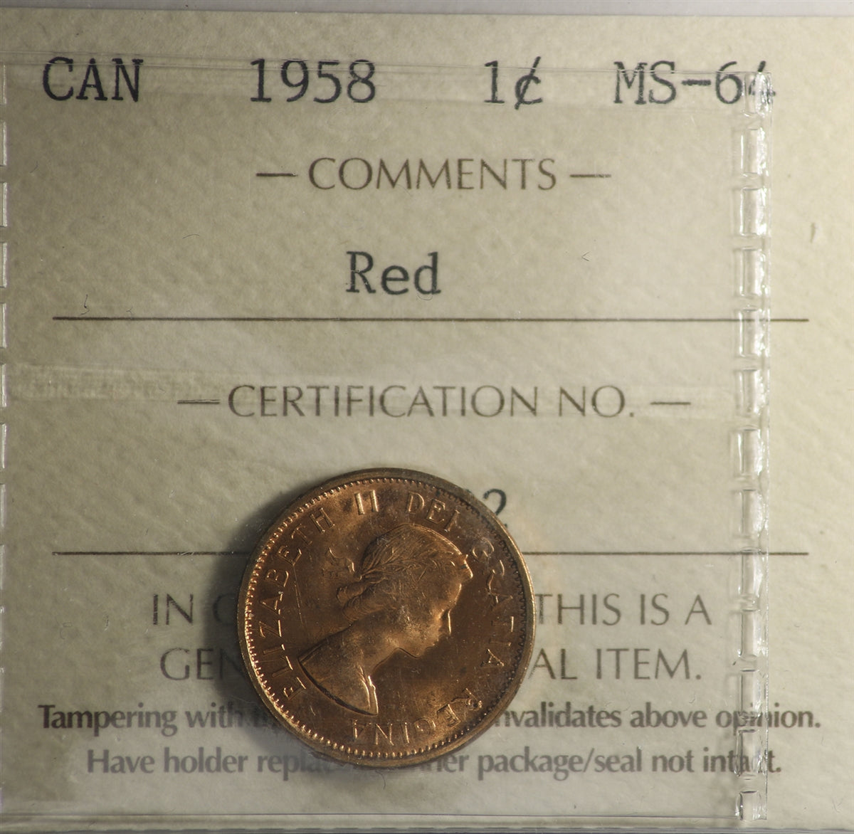 1958 Canada 1-cent ICCS Certified MS64 Red