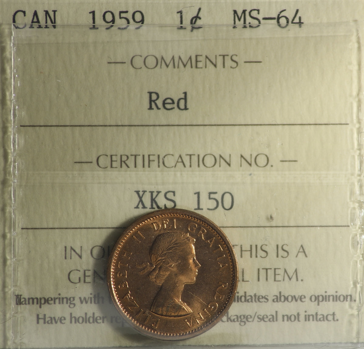 1959 Canada 1-cent ICCS Certified MS64 Red