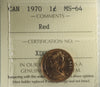 1970 Canada 1-cent ICCS Certified MS64 Red