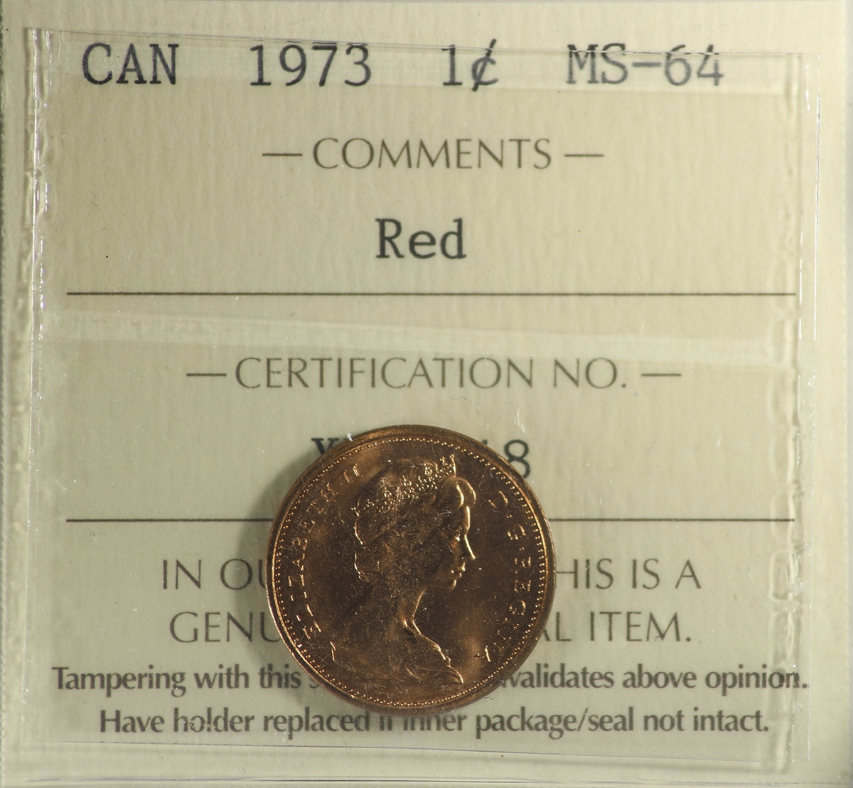 1973 Canada 1-cent ICCS Certified MS64 Red