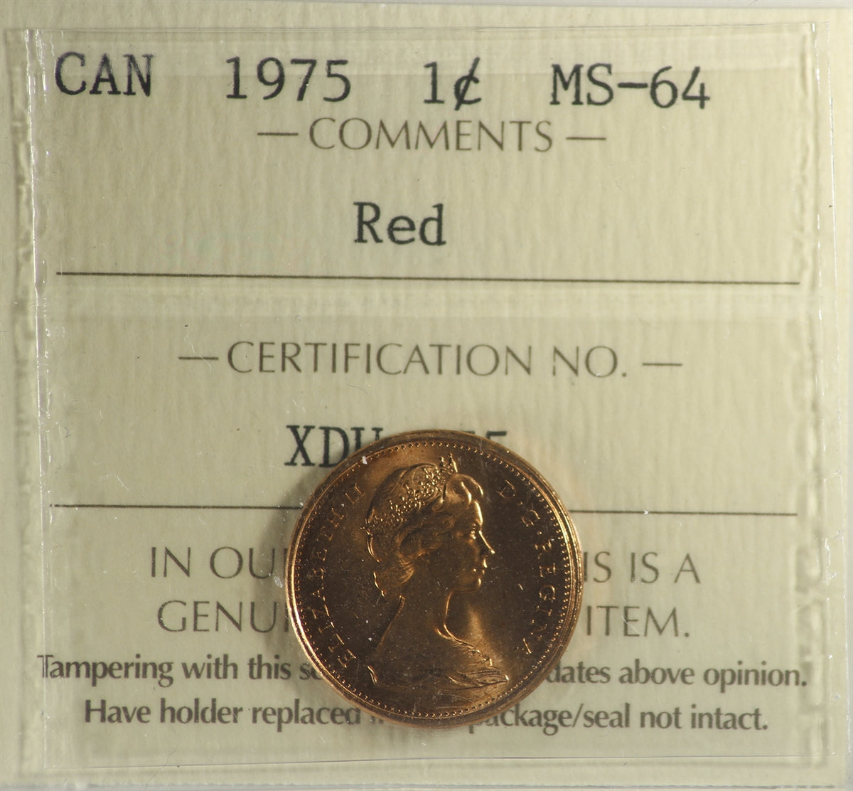 1975 Canada 1-cent ICCS Certified MS64 Red
