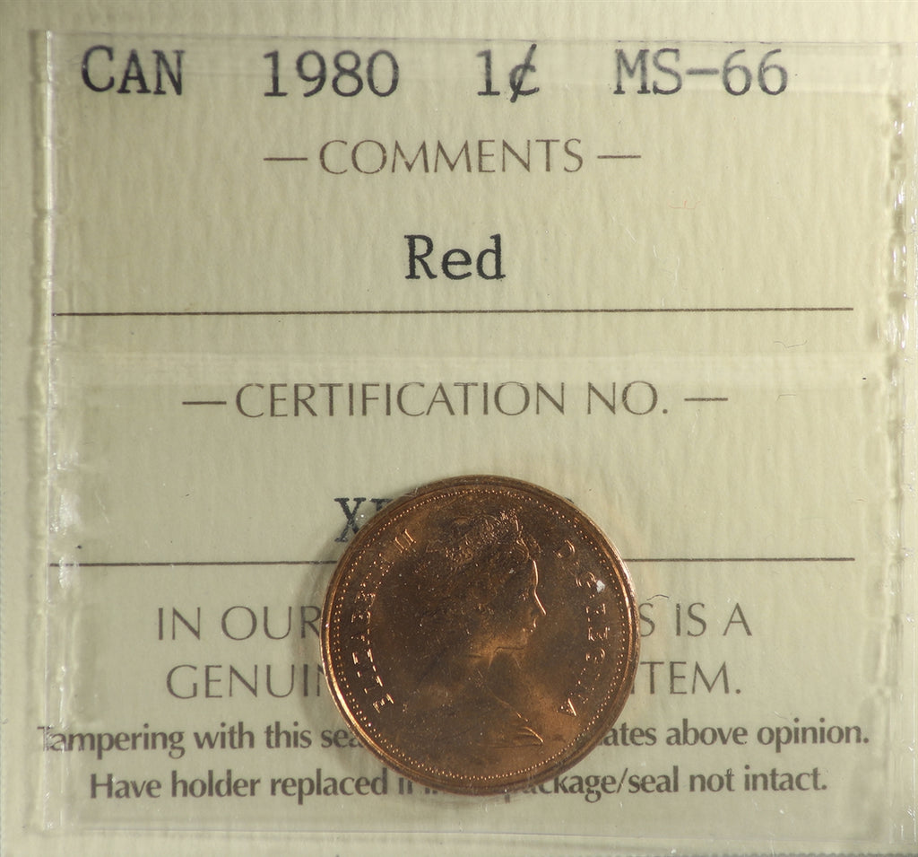 1980 Canada 1-cent ICCS Certified MS66 Red