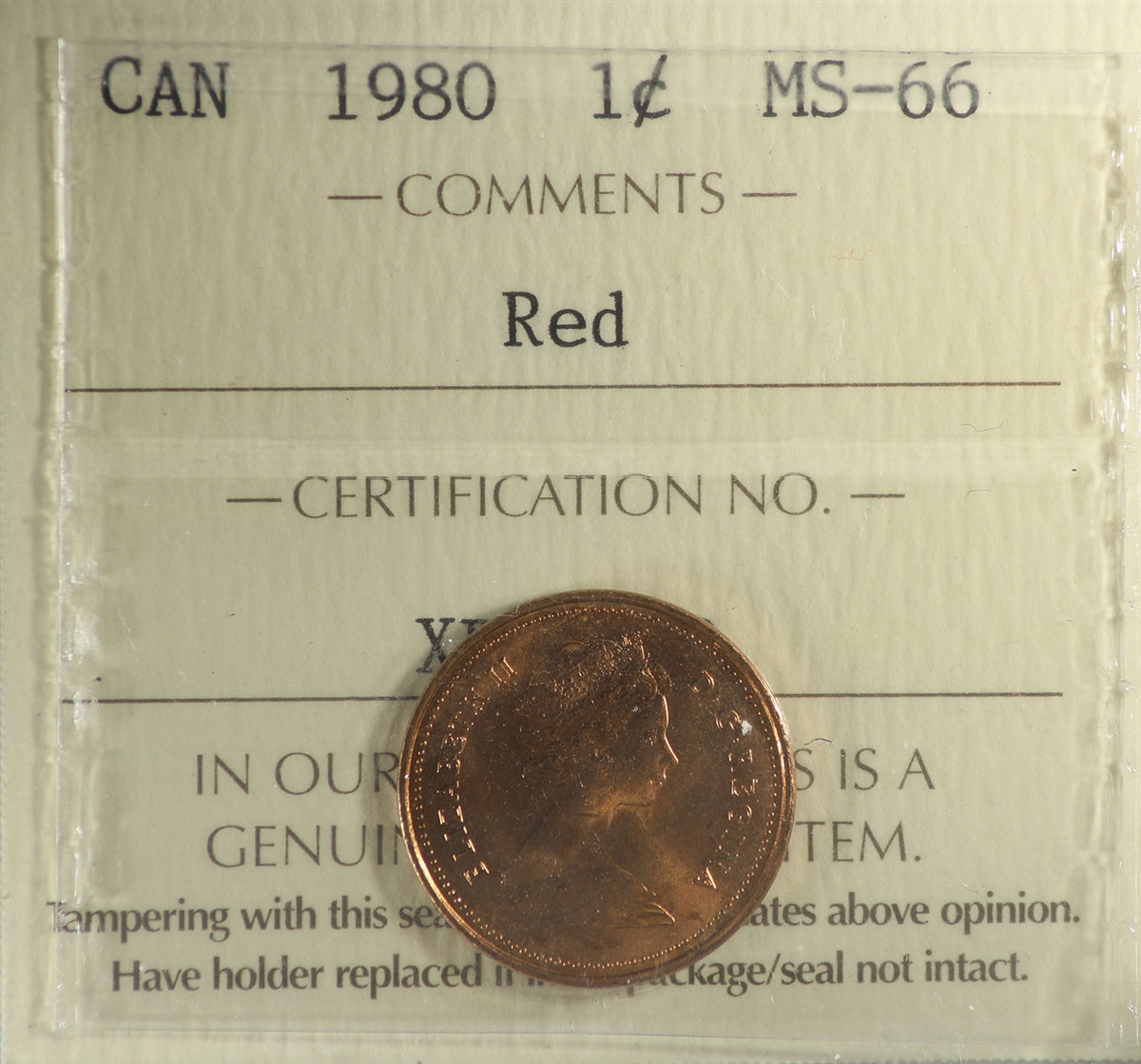 1980 Canada 1-cent ICCS Certified MS66 Red