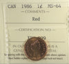 1986 Canada 1-cent ICCS Certified MS64 Red