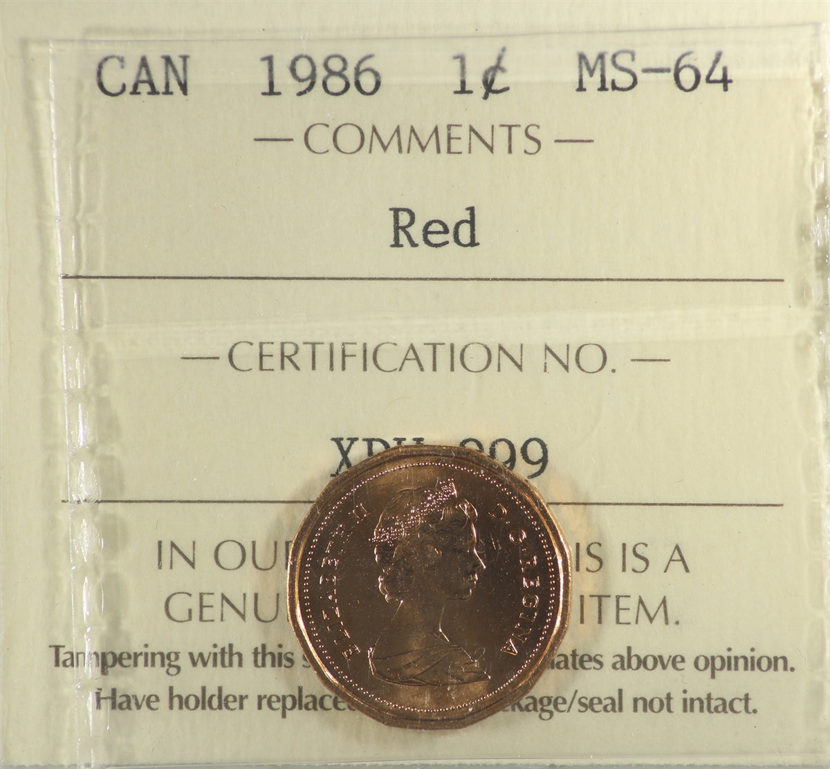1986 Canada 1-cent ICCS Certified MS64 Red