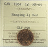 1964 Hanging 4 Canada 1-cent ICCS Certified MS65 Red