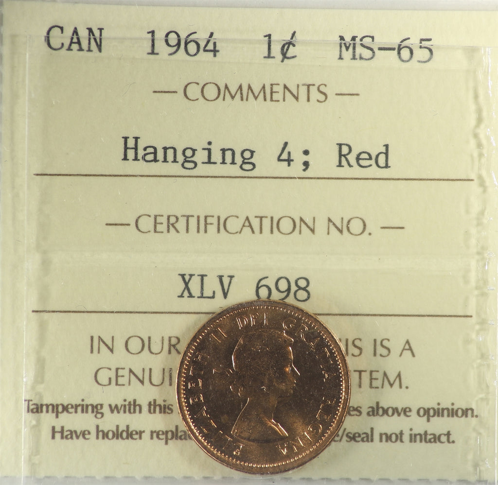 1964 Hanging 4 Canada 1-cent ICCS Certified MS65 Red