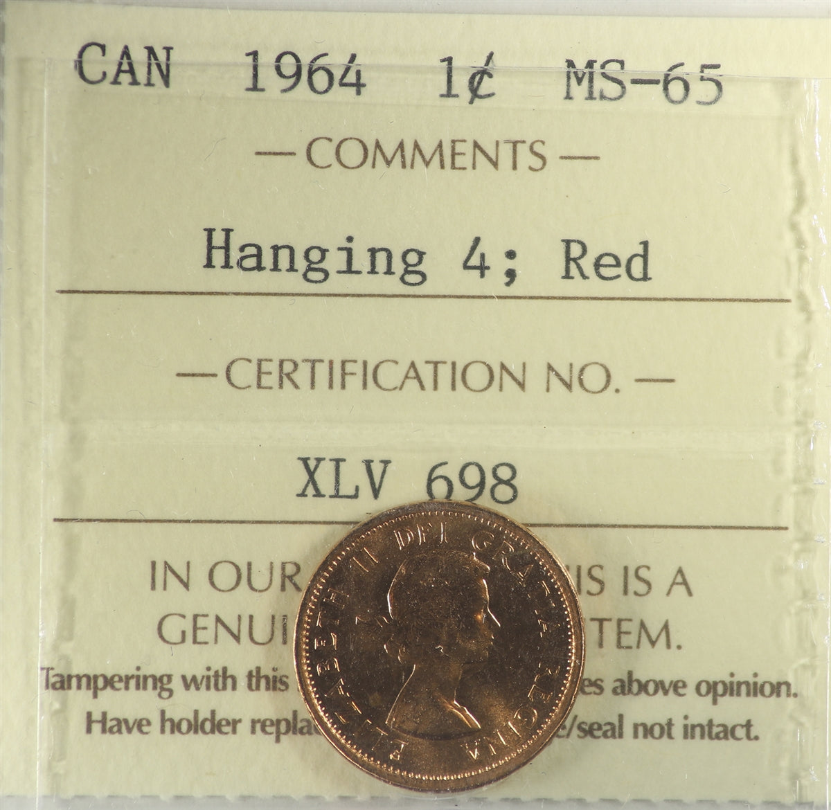 1964 Hanging 4 Canada 1-cent ICCS Certified MS65 Red