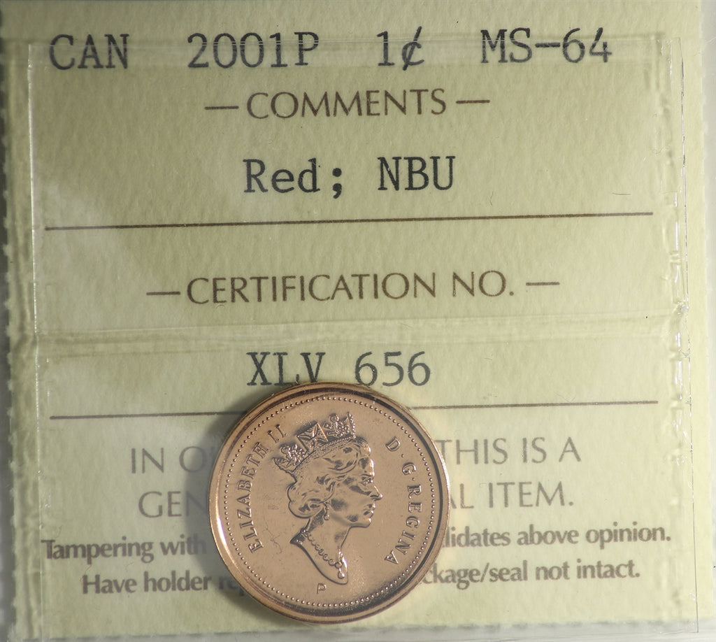 2001P Canada 1-cent ICCS Certified MS64 Red; NBU