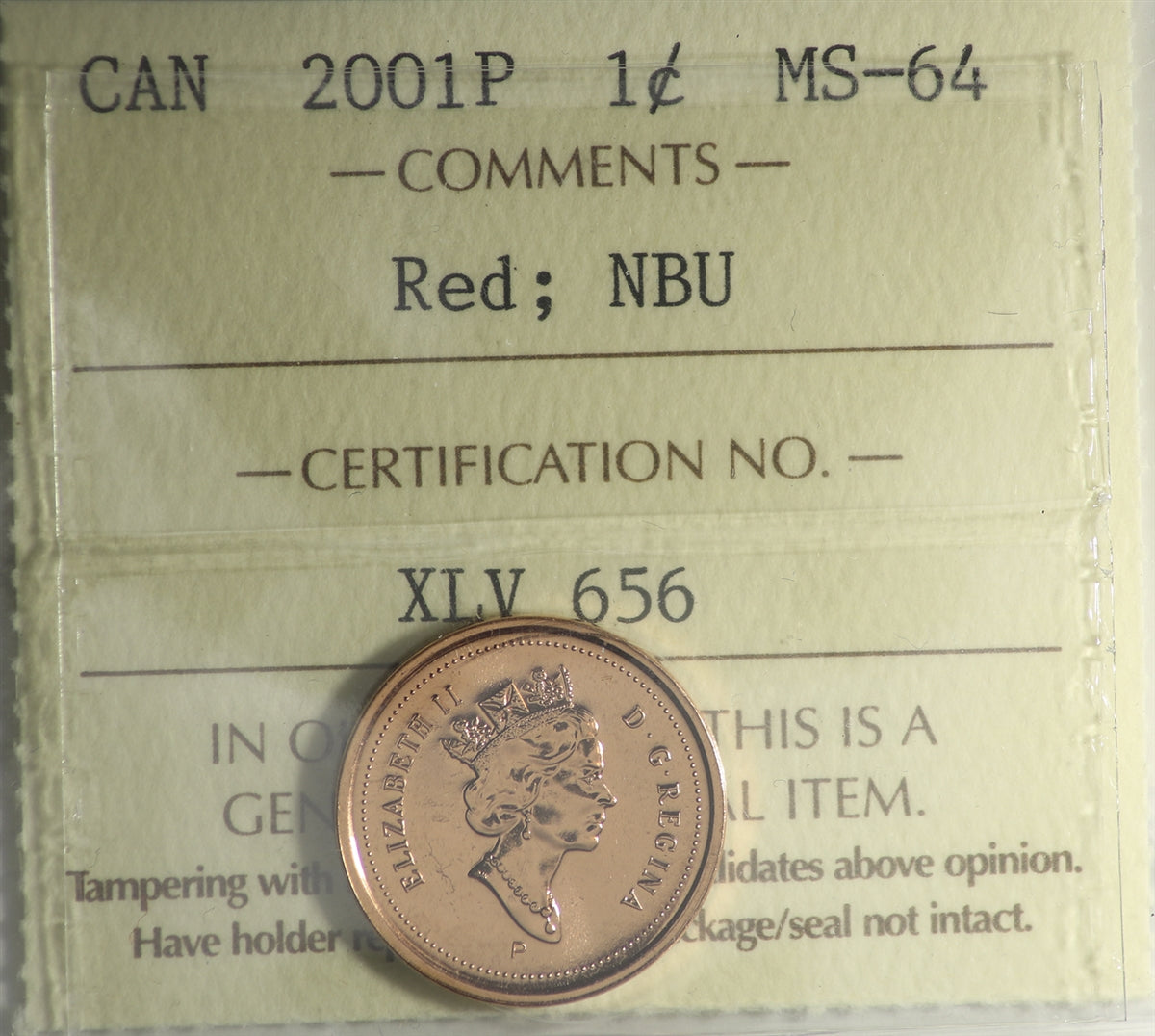 2001P Canada 1-cent ICCS Certified MS64 Red; NBU