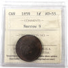 1859 Narrow 9 Canada 1-cent ICCS Certified AU55