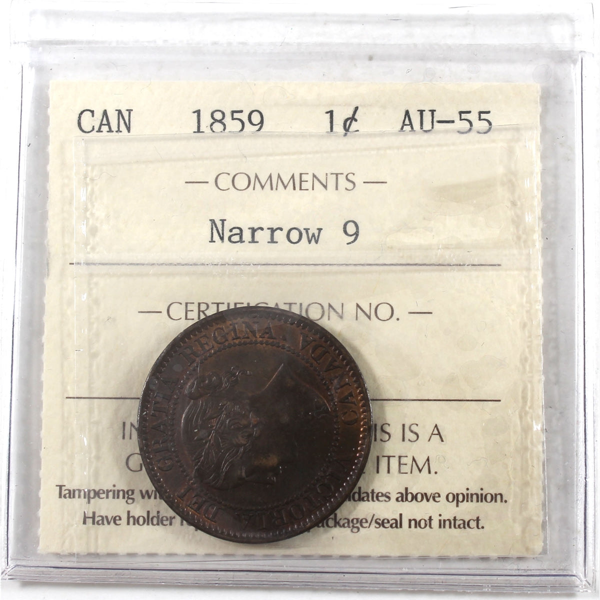 1859 Narrow 9 Canada 1-cent ICCS Certified AU55