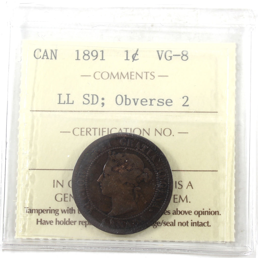 1891 LLSD, Obv. 2 Canada 1-cent ICCS Certified VG8