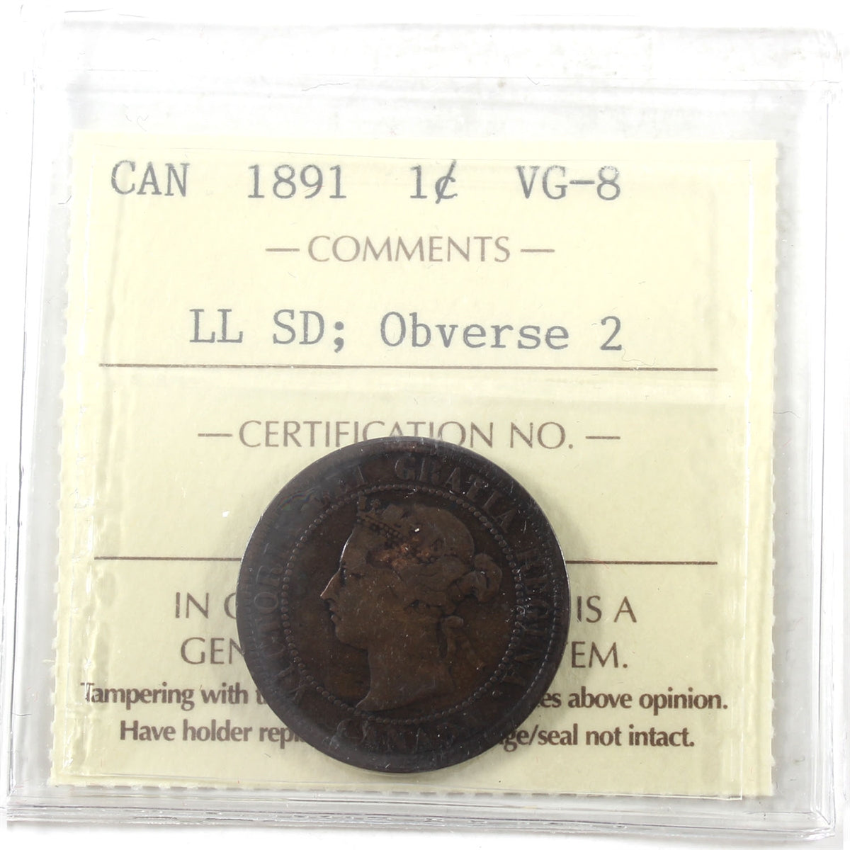 1891 LLSD, Obv. 2 Canada 1-cent ICCS Certified VG8