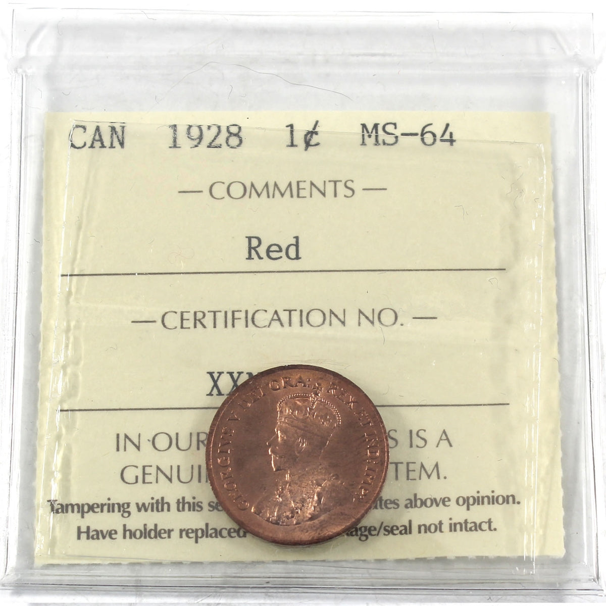 1928 Canada 1-cent ICCS Certified MS64 Red (XXN 450)