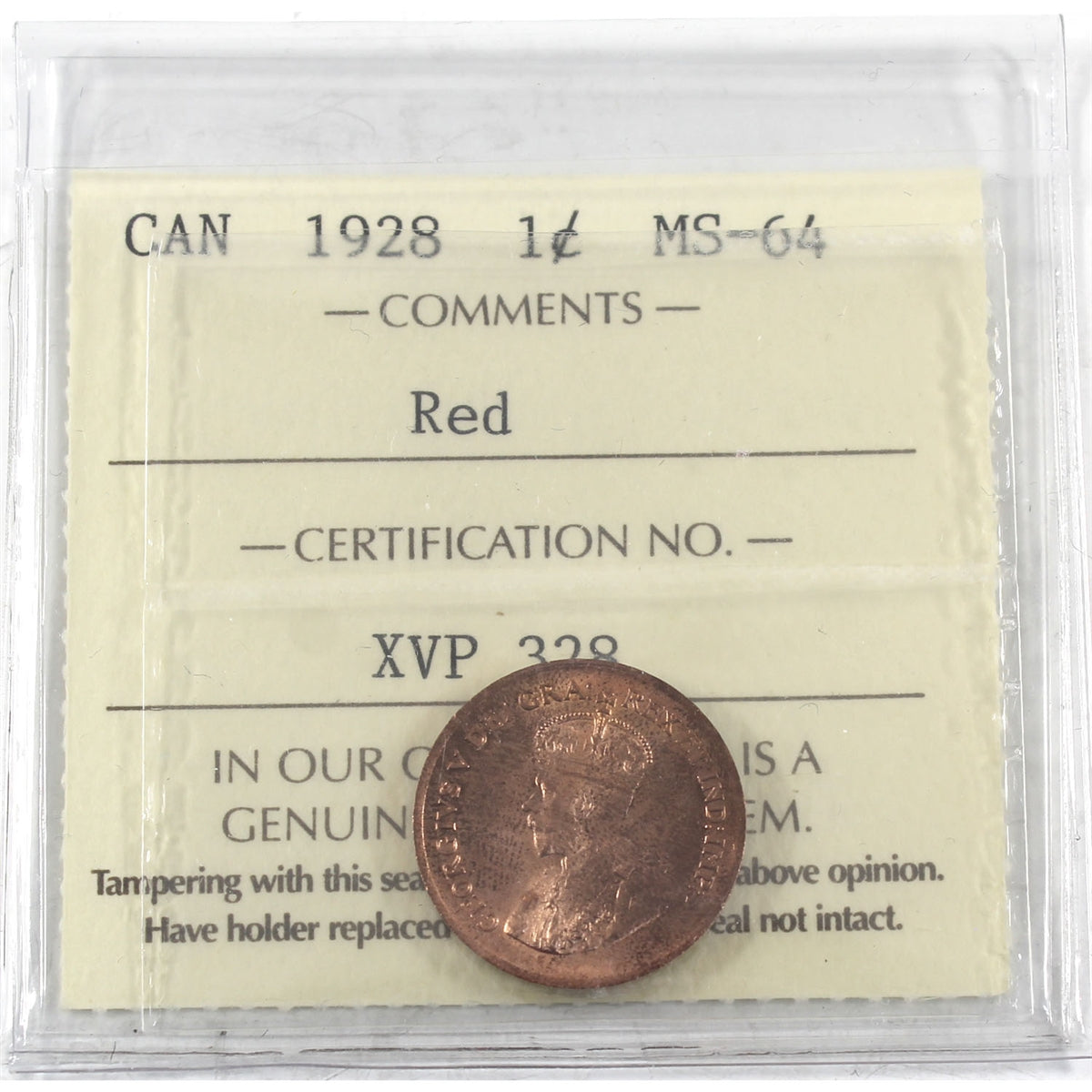 1928 Canada 1-cent ICCS Certified MS-64 Red (XVP 328)