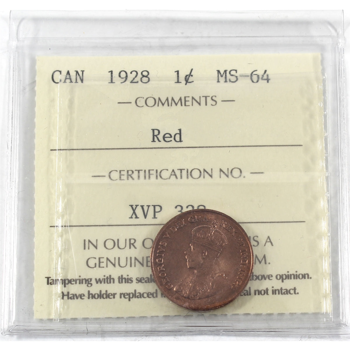 1928 Canada 1-cent ICCS Certified MS64 Red (XVP 338)