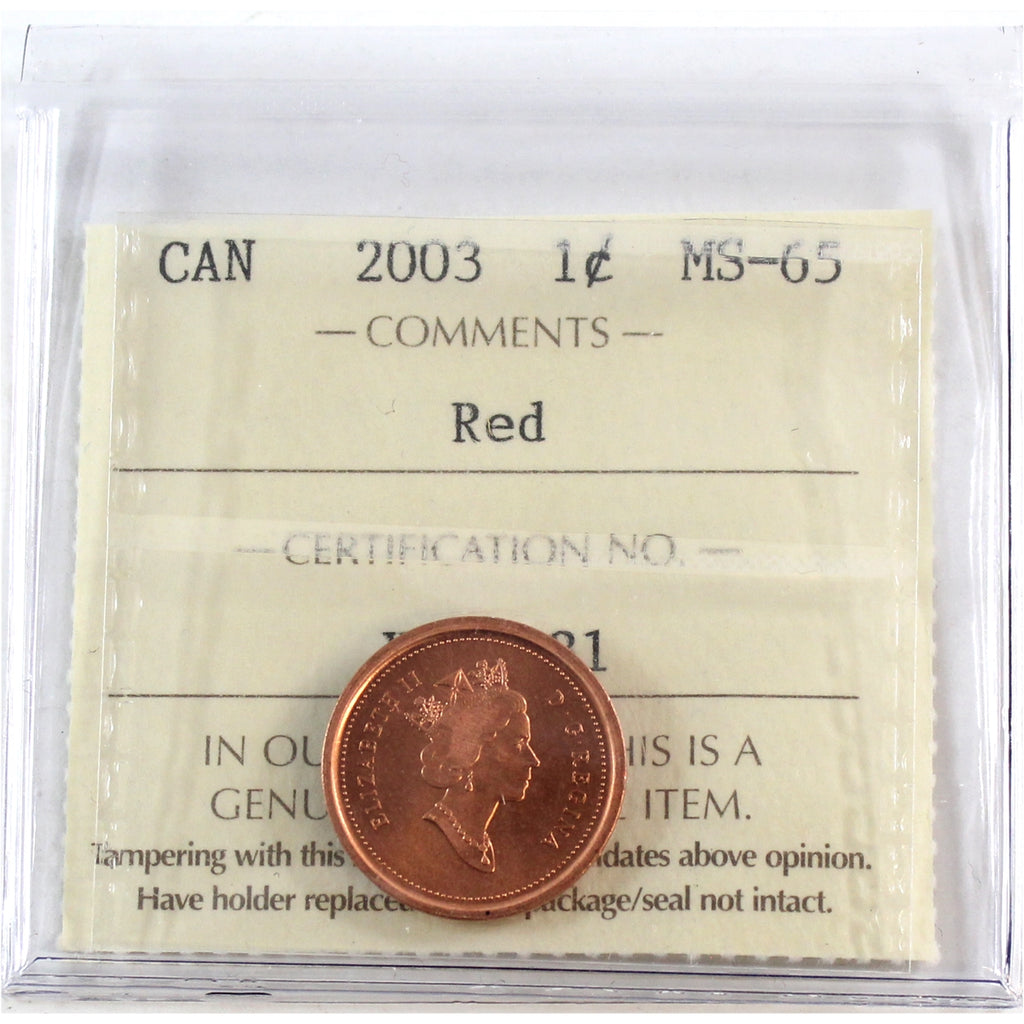 2003 Old Effigy Canada 1-cent ICCS Certified MS65 Red