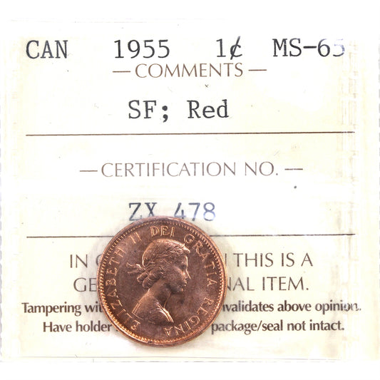 1955 SF Canada 1-cent ICCS Certified MS65 Red