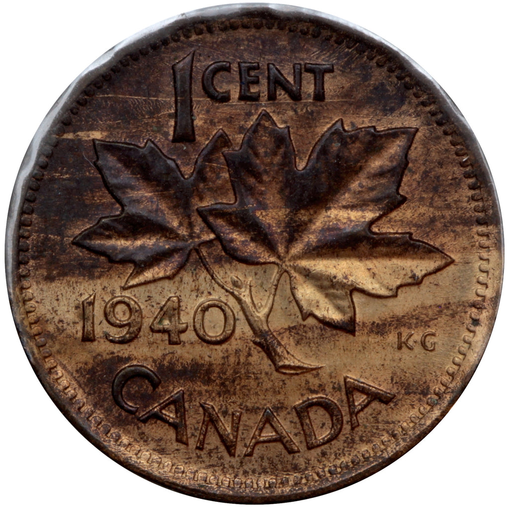 1940 Canada 1-cent UNC+ (MS62), Red & Brown