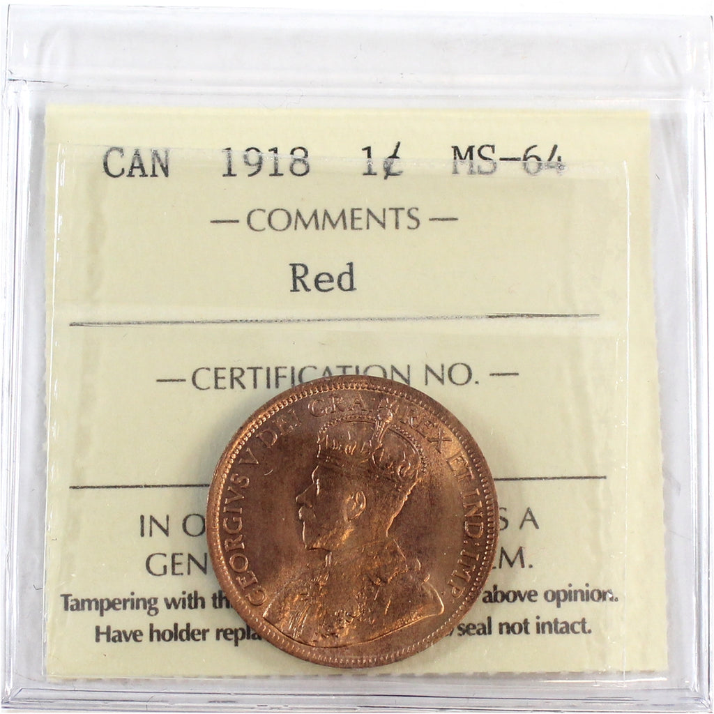 1918 Canada 1-cent ICCS Certified MS64 Red