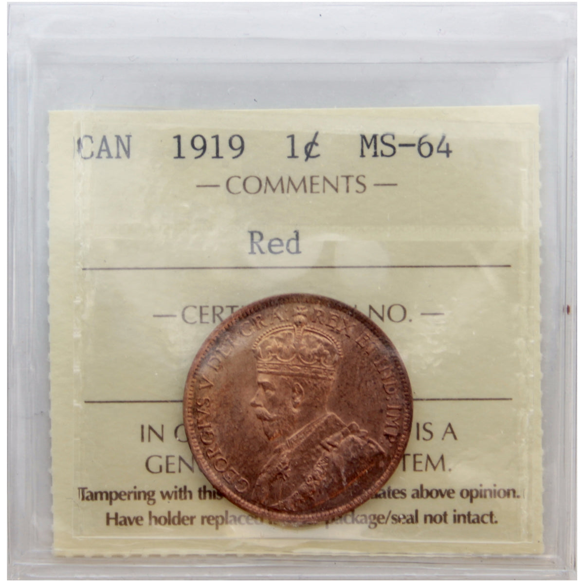 1919 Canada 1-cent ICCS Certified MS64 Red