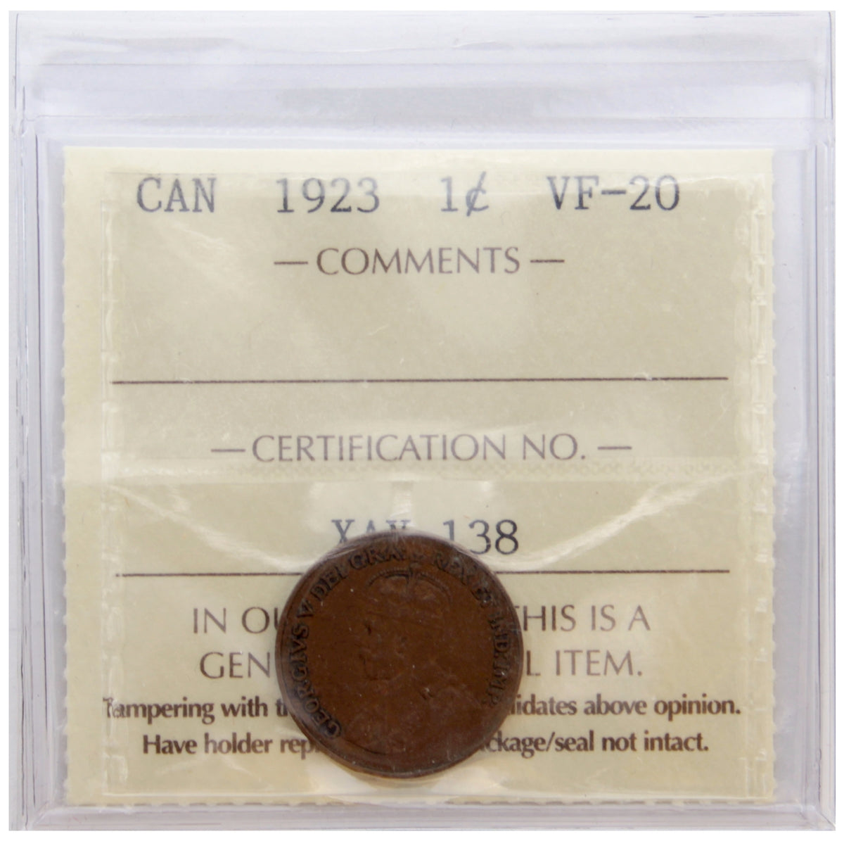 1923 Canada 1-cent ICCS Certified VF20