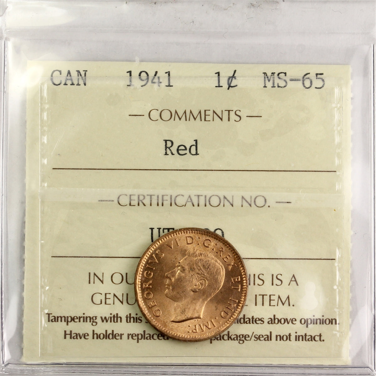 1941 Canada 1-cent ICCS Certified MS65 Red (UT 890)