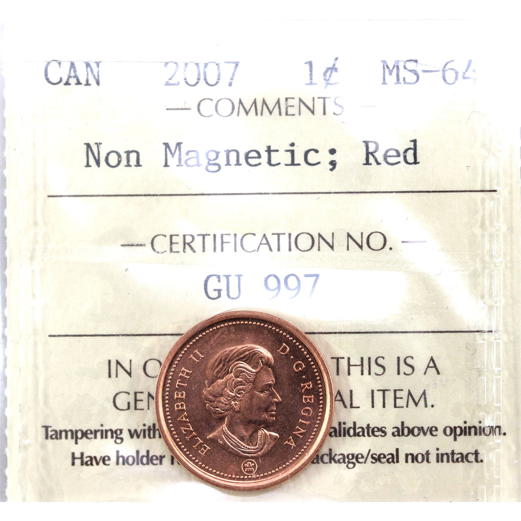 2007 Non-Magnetic Canada 1-cent ICCS Certified MS64 Red