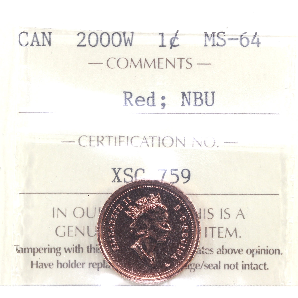 2000W Canada 1-cent ICCS Certified MS64 Red; NBU
