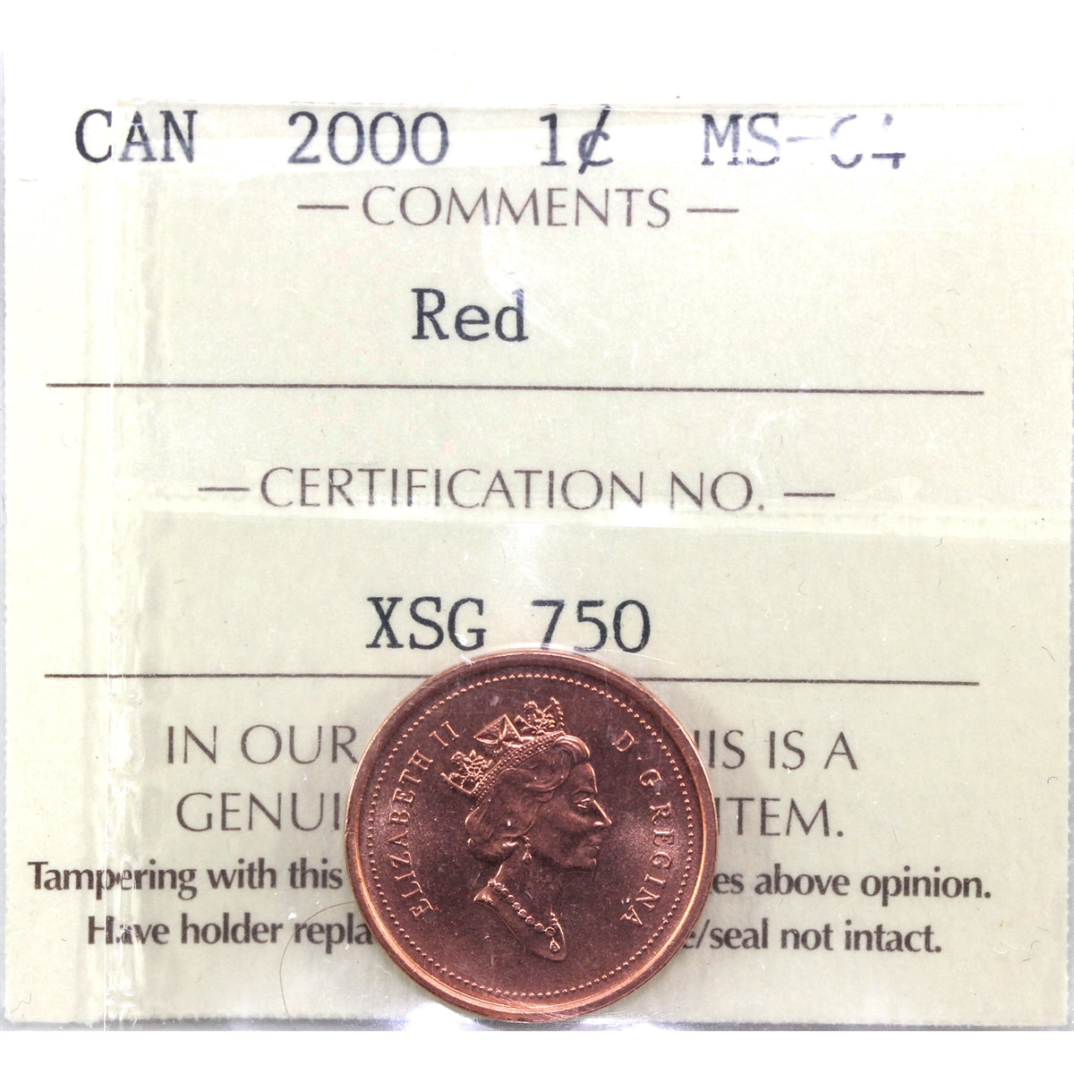 2000 Canada 1-cent ICCS Certified MS64 Red