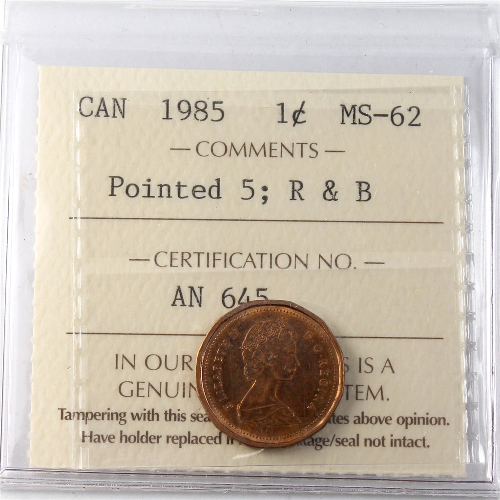 1985 Pointed 5 Canada 1-cent ICCS Certified MS62 Red & Brown