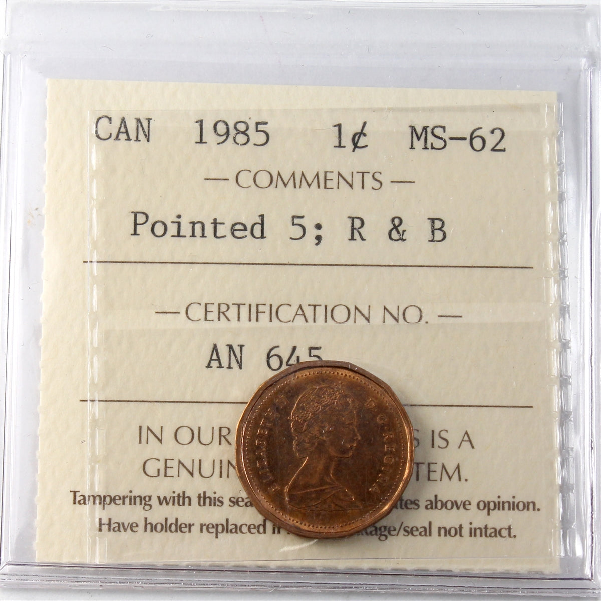 1985 Pointed 5 Canada 1-cent ICCS Certified MS62 Red & Brown