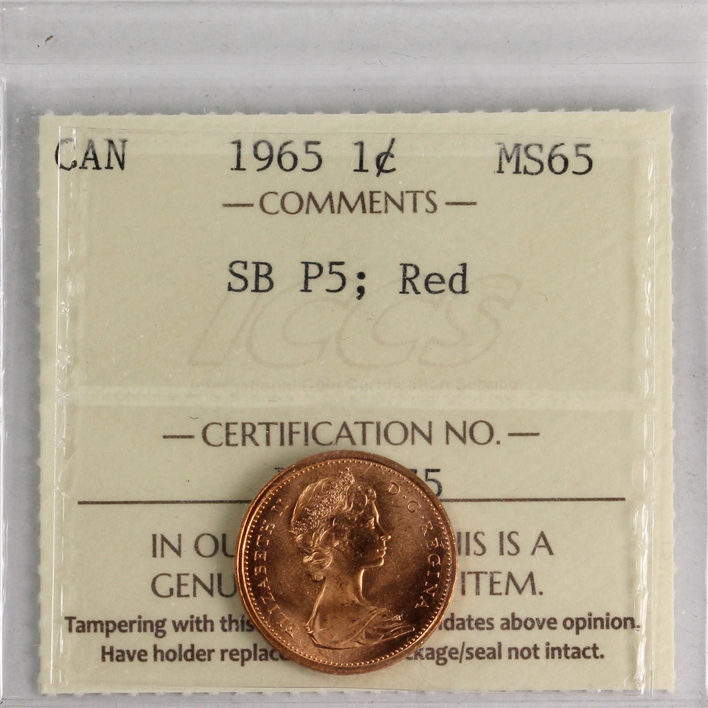 1965 SmBds Ptd 5 (Type 1) Canada 1-cent ICCS Certified MS65 Red