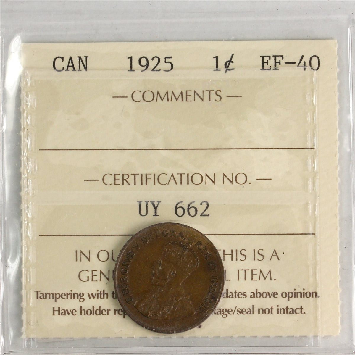 1925 Canada 1-cent ICCS Certified EF40