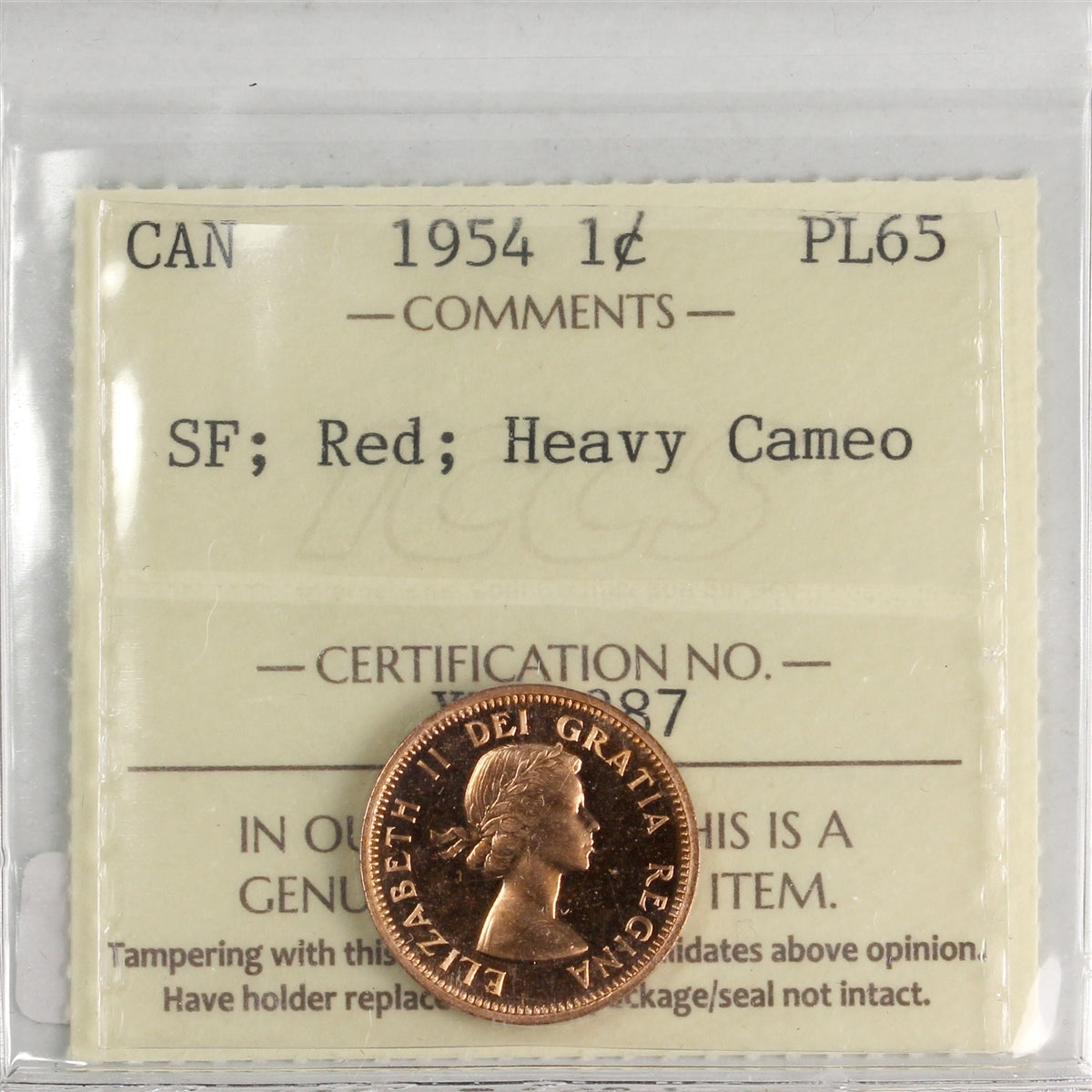 1954 SF Canada 1-cent ICCS Certified PL65 Red; Heavy Cameo