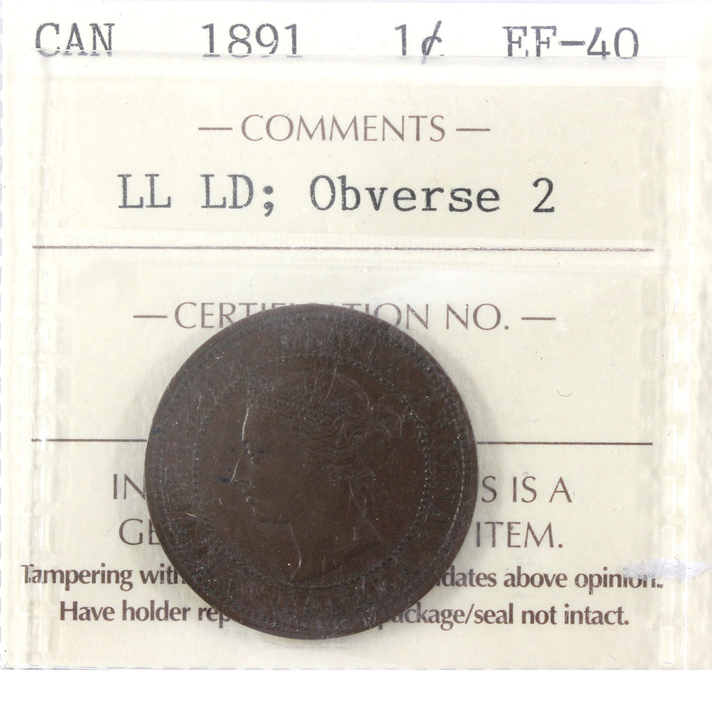 1891 LLLD, Obv. 2 Canada 1-cent ICCS Certified EF40