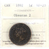 1892 Obv. 2 Canada 1-cent ICCS Certified VF20
