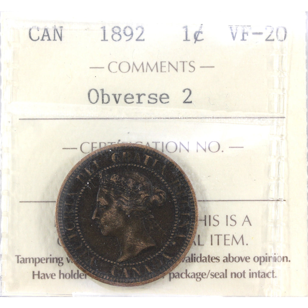 1892 Obv. 2 Canada 1-cent ICCS Certified VF20