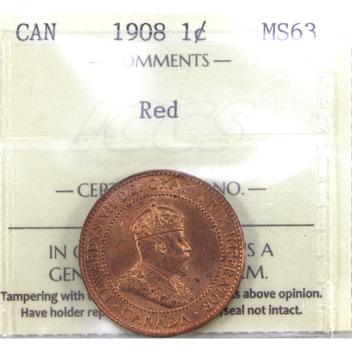 1908 Canada 1-cent ICCS Certified MS63 Red