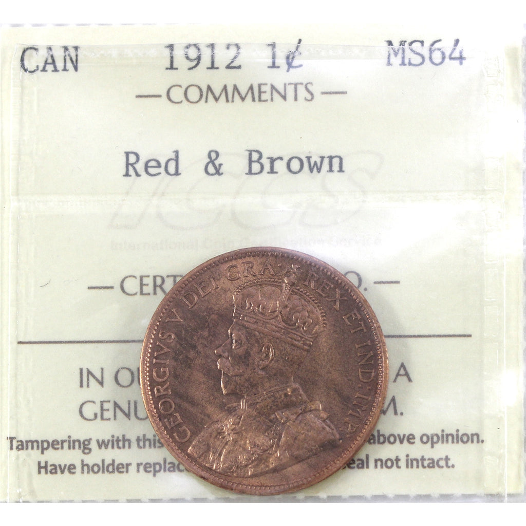 1912 Canada 1-cent ICCS Certified MS-64 Red & Brown