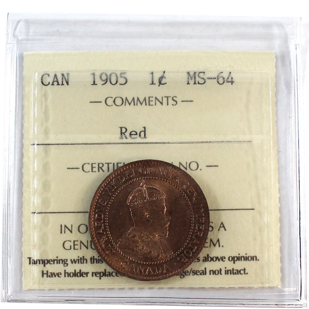1905 Canada 1-cent ICCS Certified MS64 Red