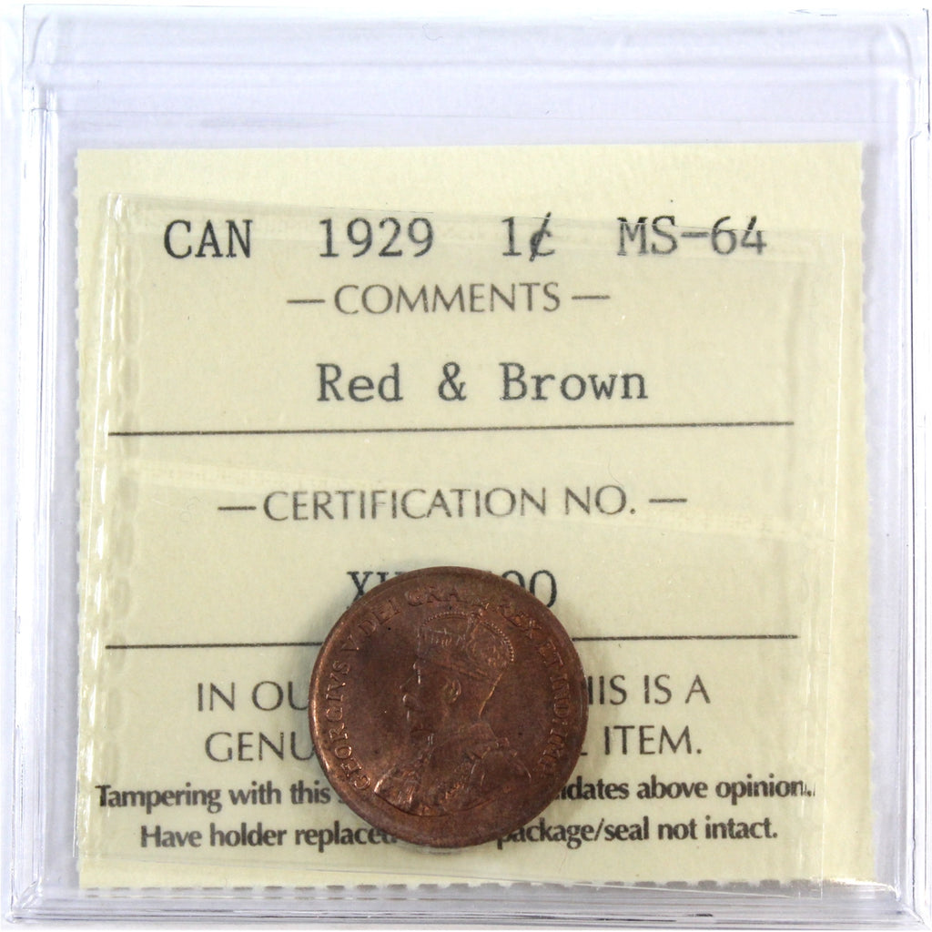 1929 Canada 1-cent ICCS Certified MS64 Red & Brown