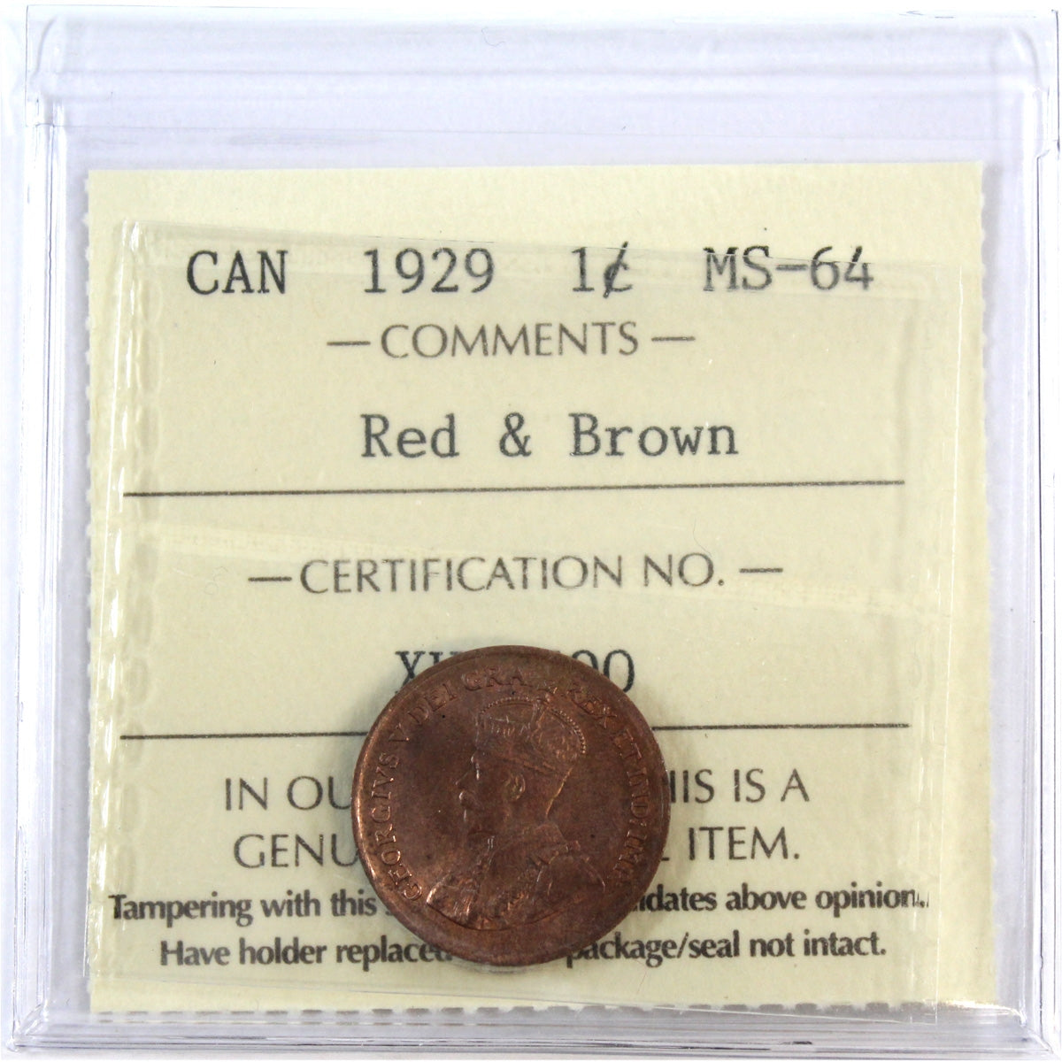 1929 Canada 1-cent ICCS Certified MS64 Red & Brown