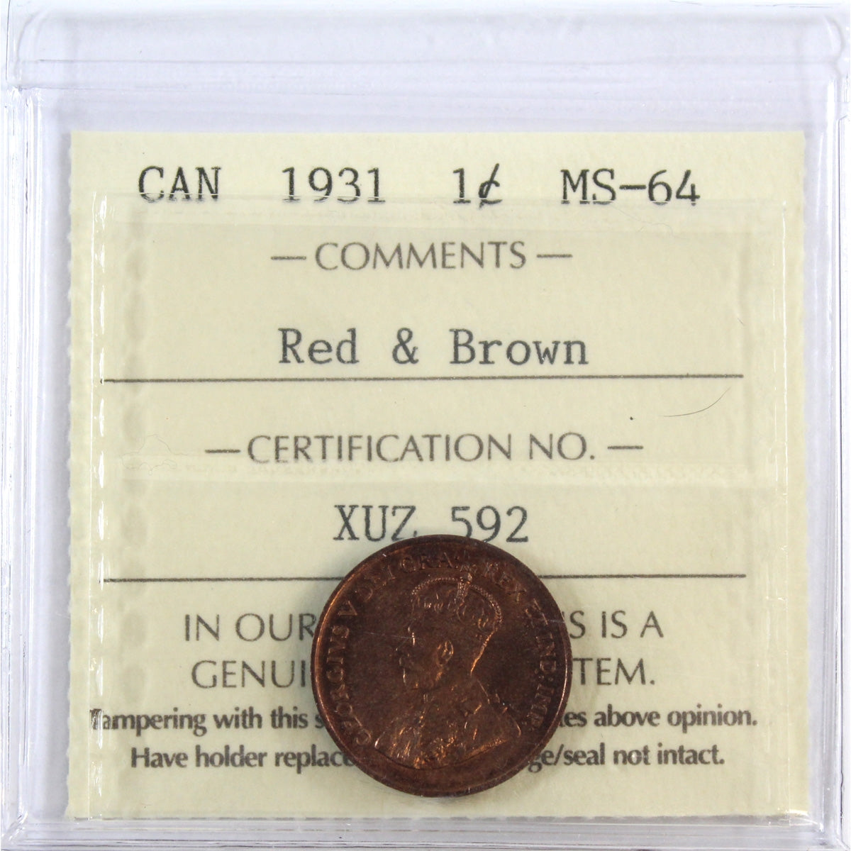 1931 Canada 1-cent ICCS Certified MS64 Red & Brown