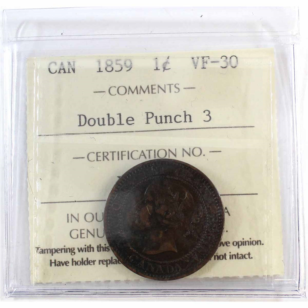1859 Double Punch 3 Canada 1-cent ICCS Certified VF30