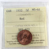 1932 Canada 1-cent ICCS Certified MS64 Red (XPZ 972)