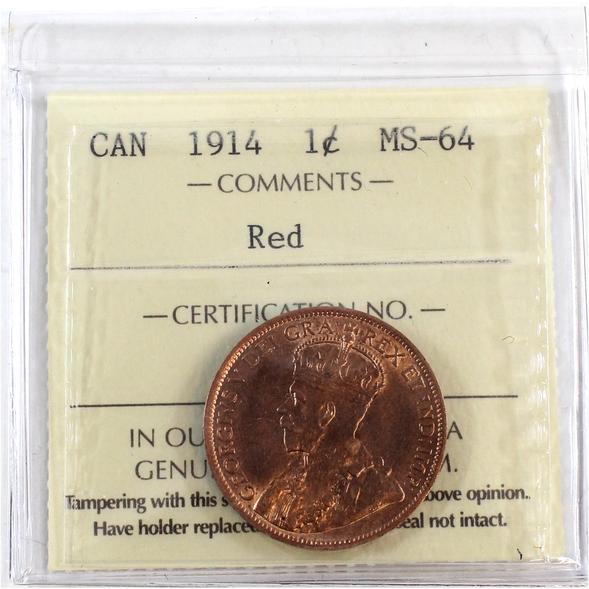 1914 Canada 1-cent ICCS Certified MS64 Red (XCE 743)