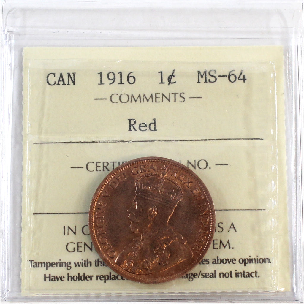 1916 Canada 1-cent ICCS Certified MS64 Red