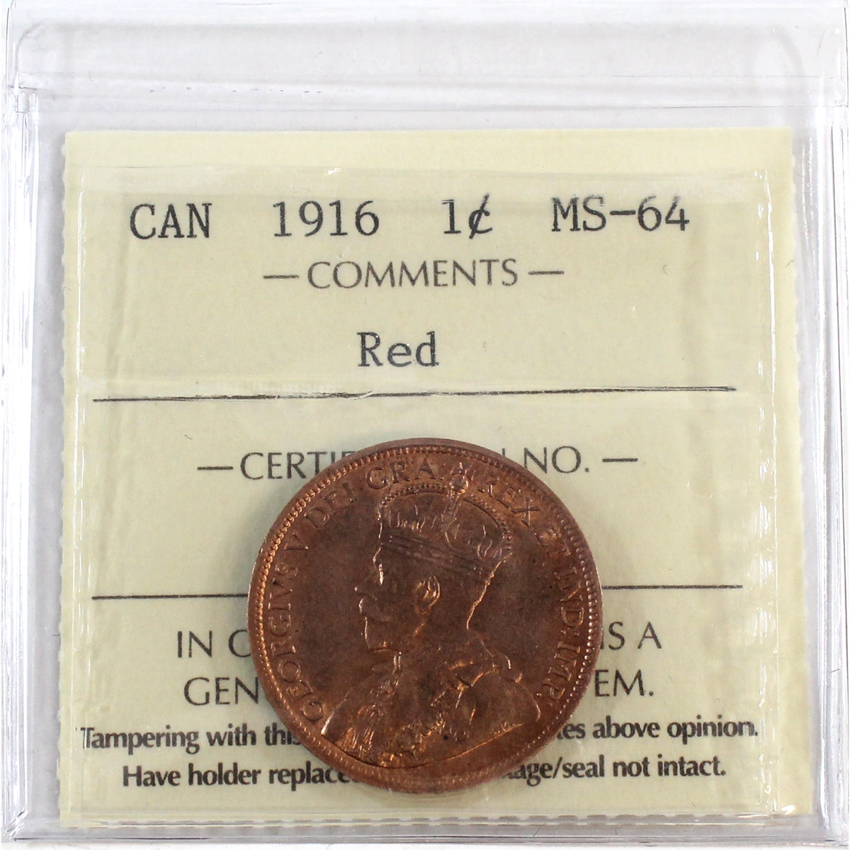 1916 Canada 1-cent ICCS Certified MS64 Red